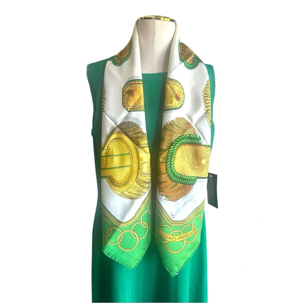 Hermès Paris Green & Gold Military Epaulettes Silk Scarf Carre 90 w/Box - Picture 4 of 13